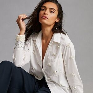 NWT Anthropologie Maeve Pearl Embellished Shirt White-Small
